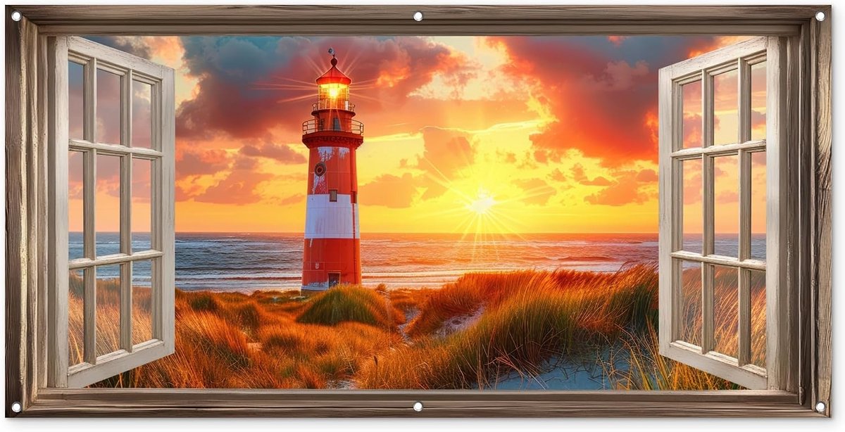 Tuinposter 160x80 cm Balkon Tuindecoratie Poster Garden Outdoor Posters Tuin Decoratie Tuinposters Voor Buiten Terras Tuinmuurdecoratie Doorkijk - Raam - Vuurtoren - Zonsondergang