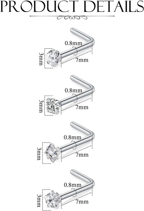 Nostril Neuspiercing, 4 stuks, glitter, roestvrij staal, 20 g, zirkonia, oorringen, neus, dames, heren, zilvergoud, nostril klinknagels — afbeelding 4