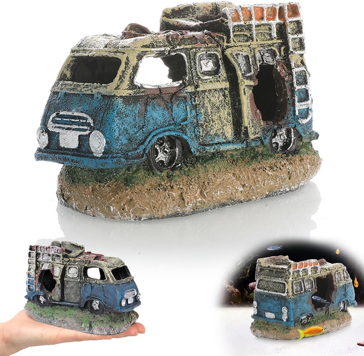 SnelShoppen - Aquarium Decoratie Auto Wrak, Houten Ornamenten, Realistische Bus en Mensen, Verstopplek voor Vissen en Garnalen, Landschap voor Spelen