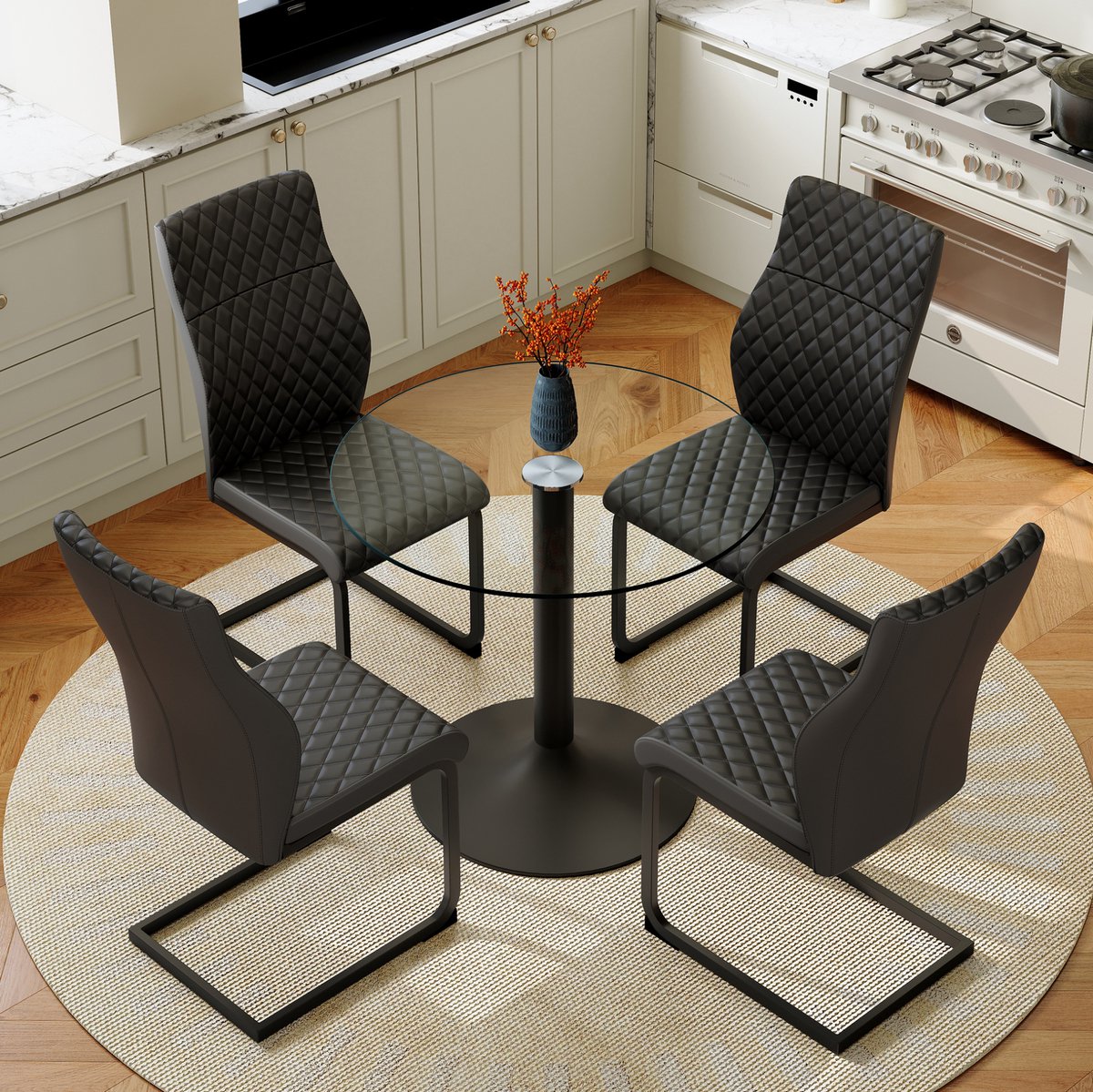 REDOM - Set tafel en stoelen - Ronde glazen eettafel - Met 4 stoelen - Hoge rugleuning - Industrieel - Eetkamer - Metaal en kunststof - Zwart en transparant - 85 cm