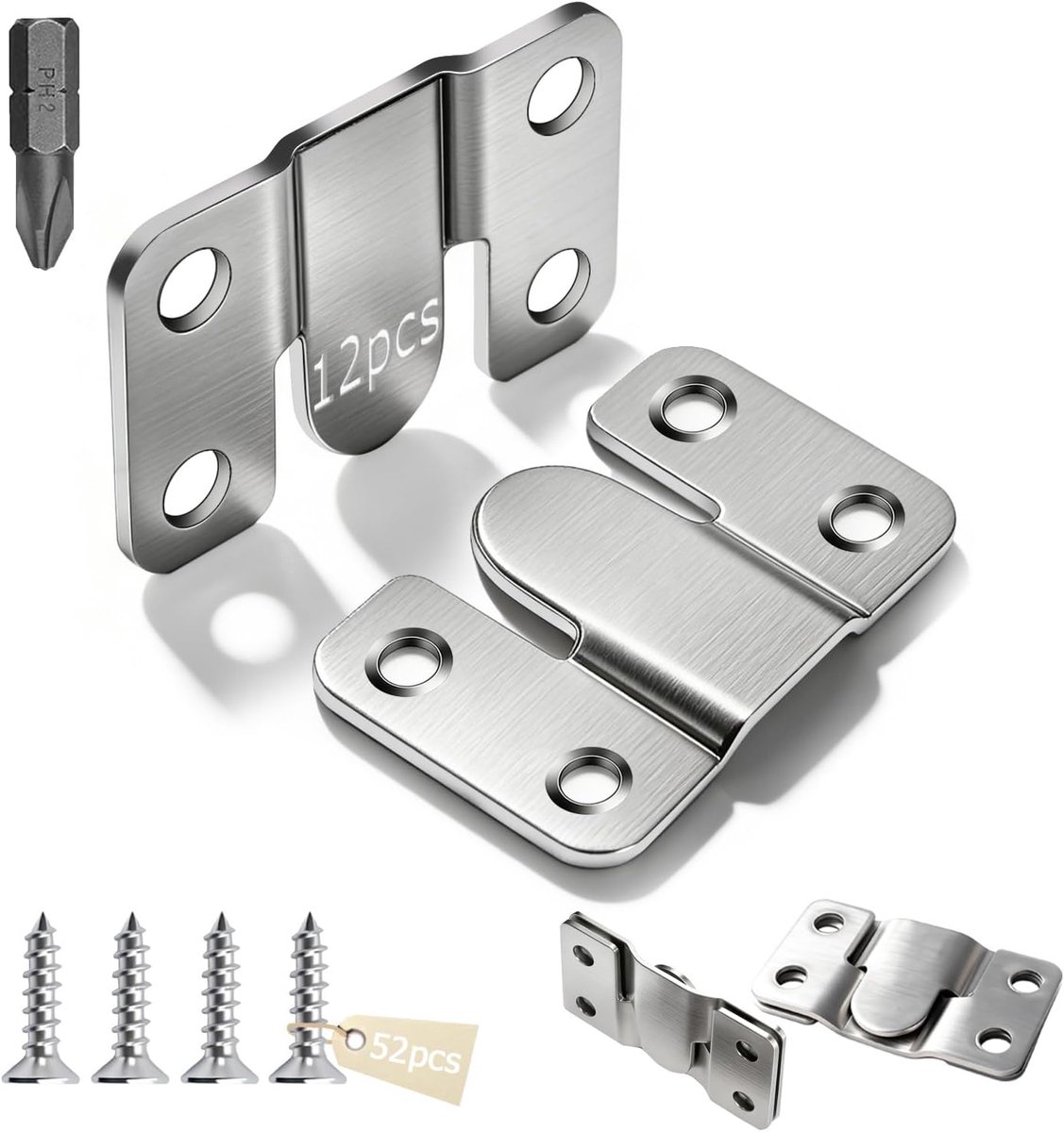 12 stuks zware fotolijst hangers roestvrij staal 53 x 30 mm | In elkaar grijpende fotohanger, inbouw, verborgen houder, haken voor foto's, spiegels, meubelverbinders met 52 schroeven