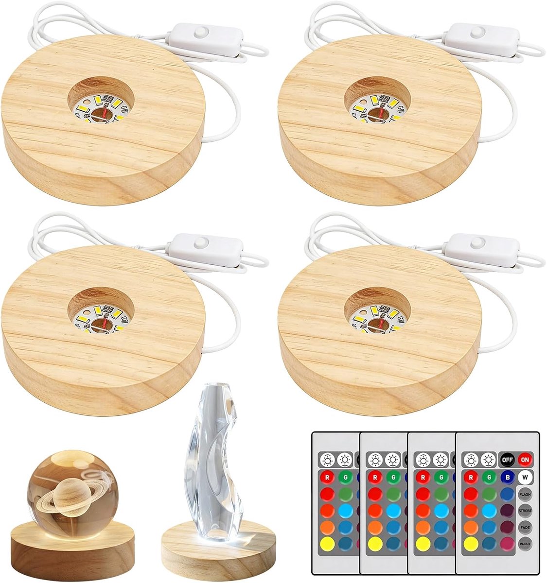4 stuks led-sokkels, houten sokkel, ronde led-lichtsokkel, lichtsokkel met USB-schakelaar, afstandsbediening, 7 kleuren, led-verlichting, displaybasis voor glasblok, kristallen, glas, hars