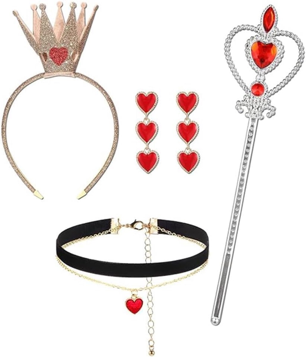 4-delig hartkoningin-kostuum, incl. gouden kroon, hart, toverstaf, halsketting, oorbellen, verkleedaccessoires, meisjes, voor carnaval, Halloween, cosplay