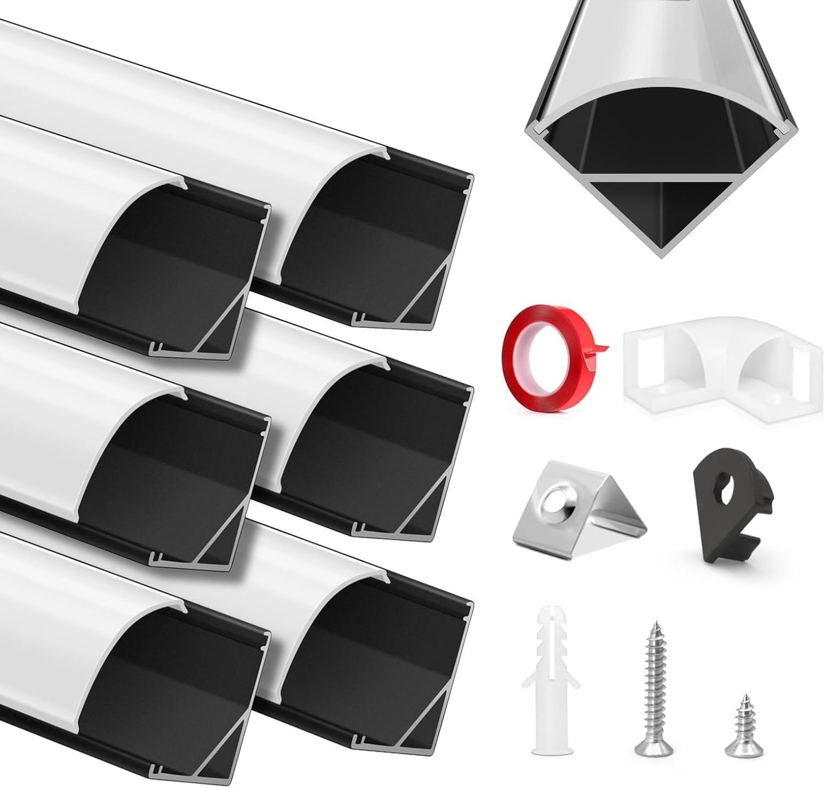 Aluminium Kanaal, HOMMAND 6 x 1m LED Aluminium profiel, LED Strip Kanaal en Diffuser, LED Strip Profiel met Hoekverbinder, Plakband, Eindkappen, Montage Clips, LED Profiel V Vorm 6m