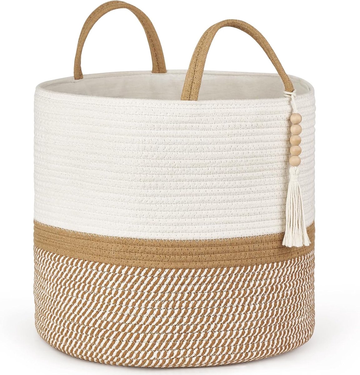 Geweven opbergmand, decoratieve natuurlijke touwmand, houten kralendecoratie voor dekens, speelgoed, kleding, schoenen, plantenorganisatorbak met handgrepen voor woonkamer, huisdecoratie, 40 cm