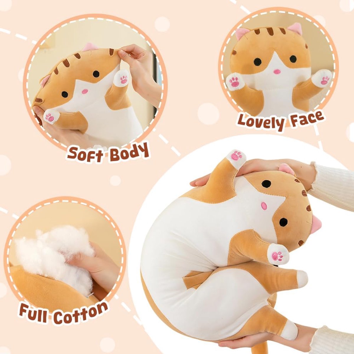 Pluche lang kussen, pluche kat, Kawaii reusachtige zachte