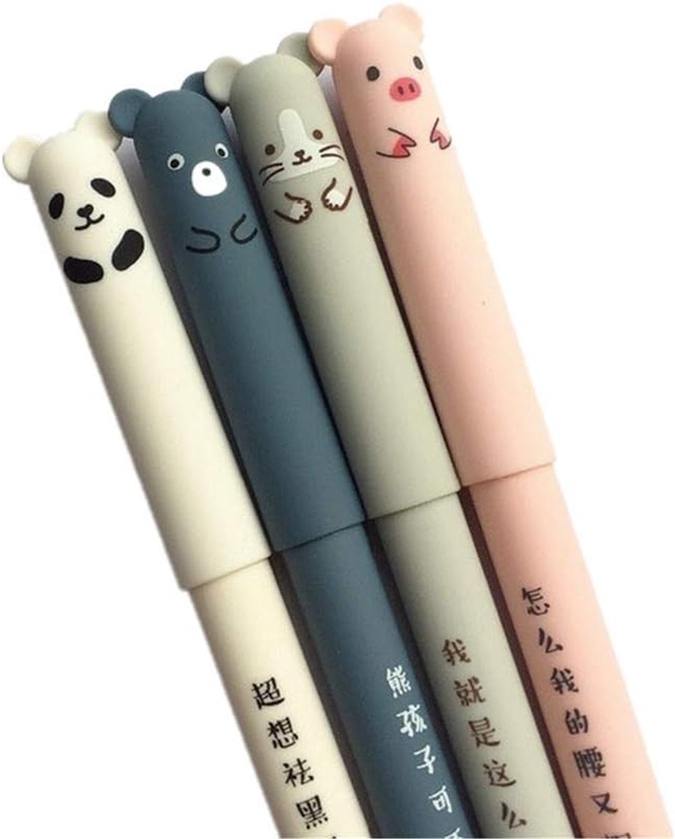 Gelpen, 0,35 mm, schattig cartoon-dier, uitwisbaar, blauwe inkt, voor studenten, schrijfwaren, kantoor, cadeau, 4 stuks, eenheidsmaat, willekeurige kleurkeuze