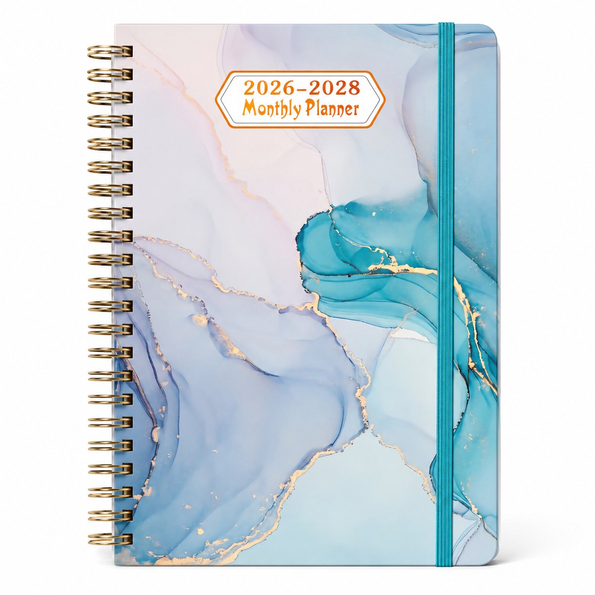 Agenda 2026 2028 - Academische A5 Jaarplanner- Weekoverzicht Schoolagenda met Marmer Design en Maandtabs - Cyaan