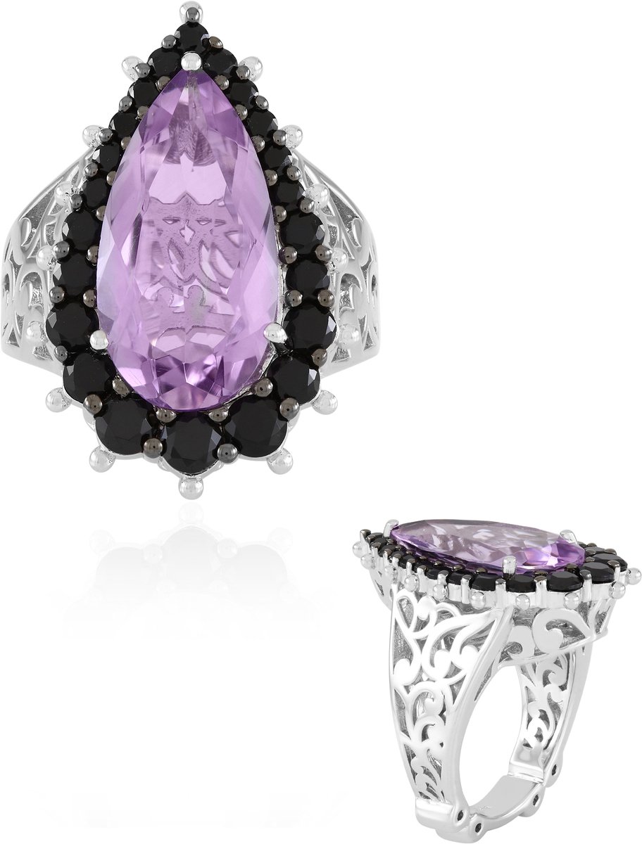 Cavill - Zilveren Ring - 925 Sterling Zilver Gerhodineerd - Lavendel Amethist 5,805 ct Peervormig - Zwarte Spinel Sieraden - Elegante Damesring