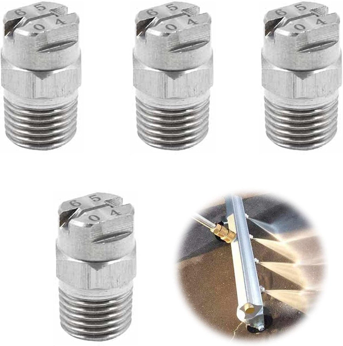 SnelShoppen - 4 Stuks Hogedruk Spuitmond Voor Waterbezem en Lichaamsreiniger, 65 Graden, 1.3mm Opening, 1/4'' Draadverbinding, RVS