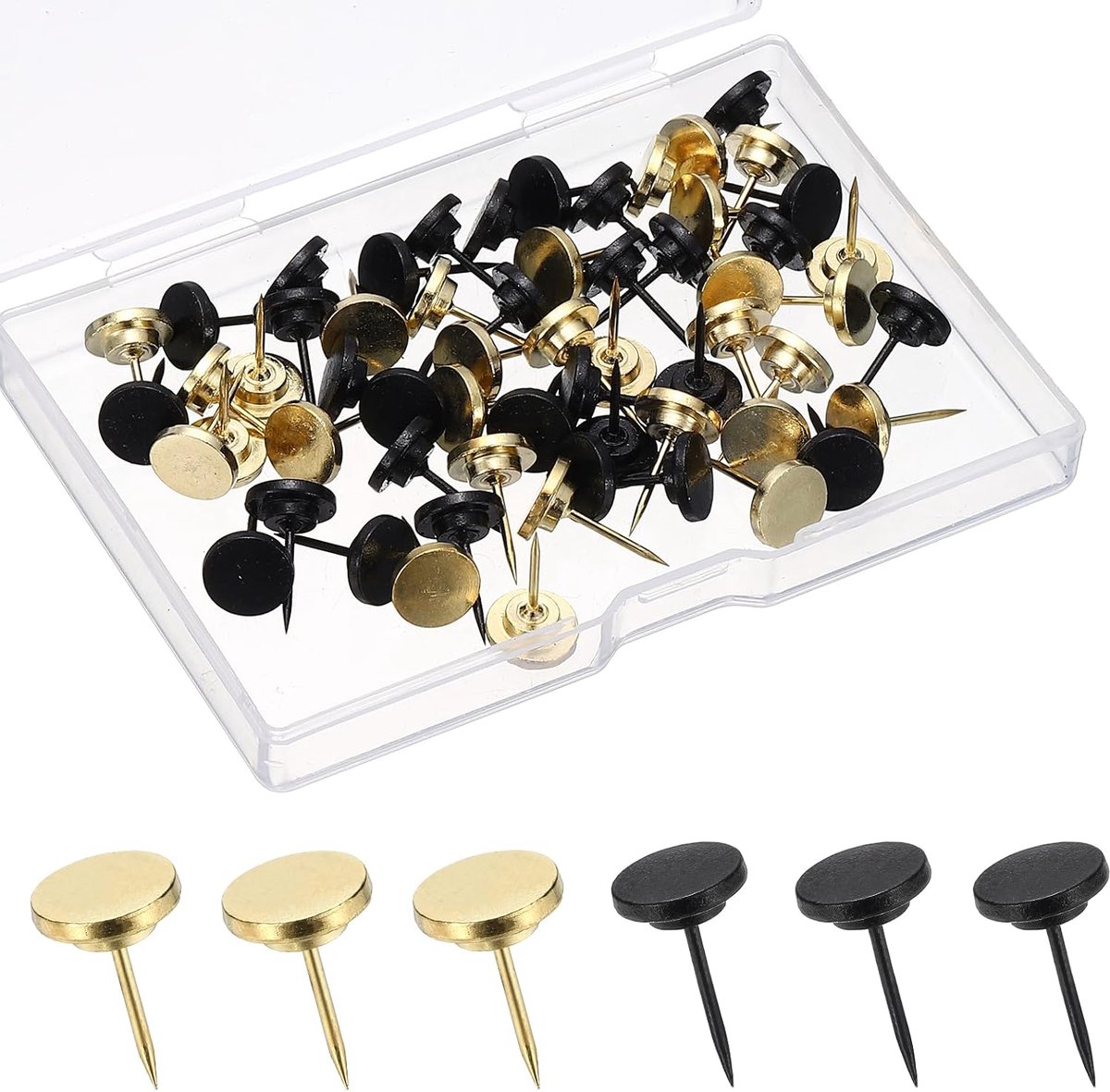30 stuks platte pushpinnen, zwart/goudkleurige metalen duimspijkers punaises push-stickpin voor prikbord, kurkkleefplank, muurkaarten, schaduwdoos, display, foto, hangend ambacht