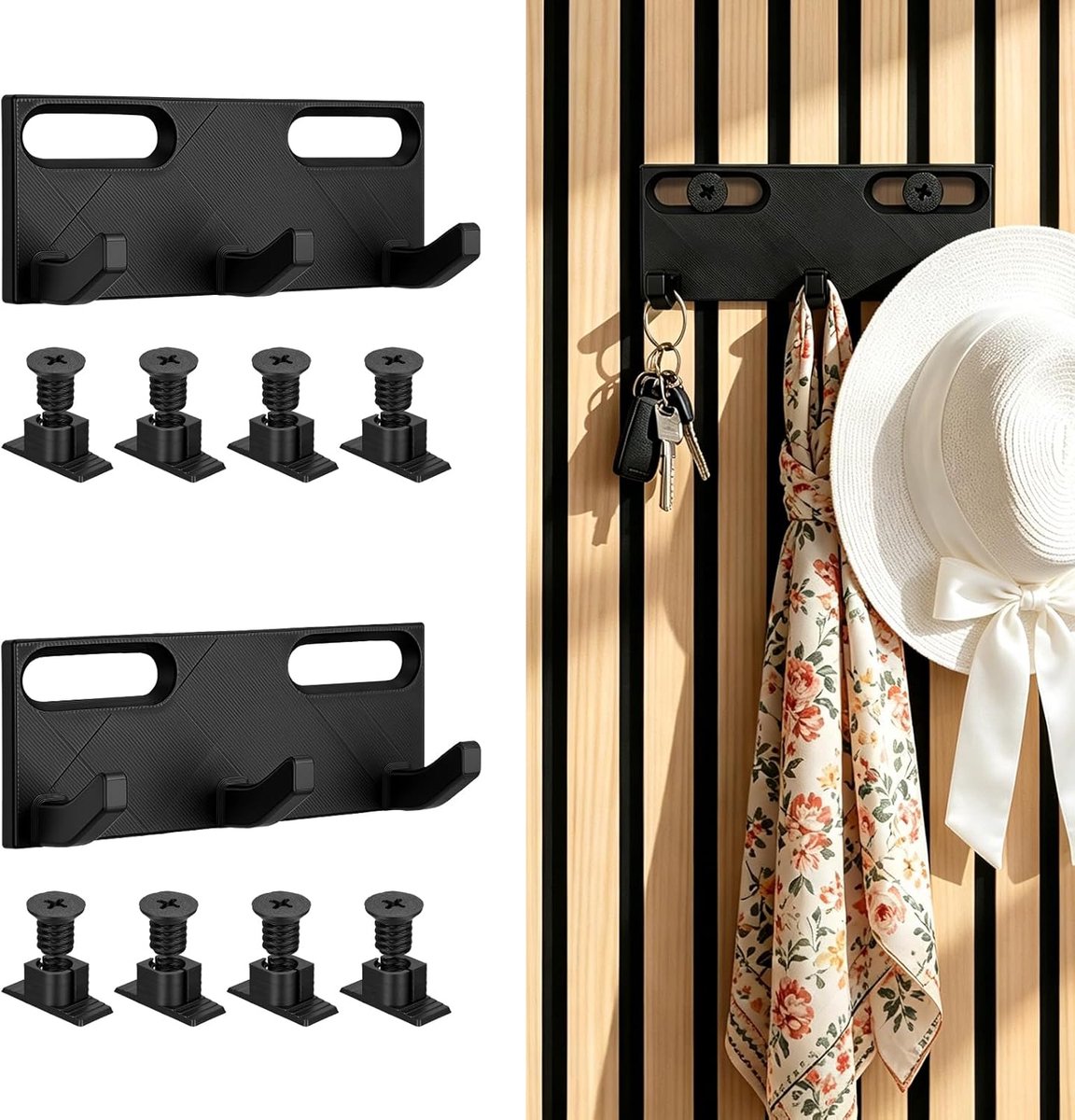 Set van 2 haken voor akoestische panelen, accessoires voor akoestische panelen, zonder boren, met 8 schroeven, zwarte haken, 3D-print, voor woonkamer, hal, badkamer