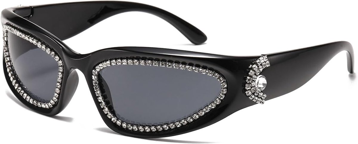 Y2K Wrap Around Rhinestone Zonnebril voor Mannen Vrouwen Trendy Diamant Ovale Zonnebril Vintage Bling Punk Shield Shades UV400 Bescherming
