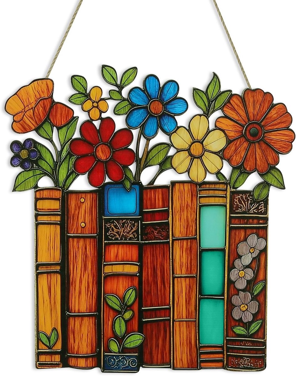 Landelijke Florale Boeken Wanhanger, Vintage Boekenstapel Houten Plaquette Voor Leeshoek Studie Klas & Cadeau Voor Boekenliefhebbers