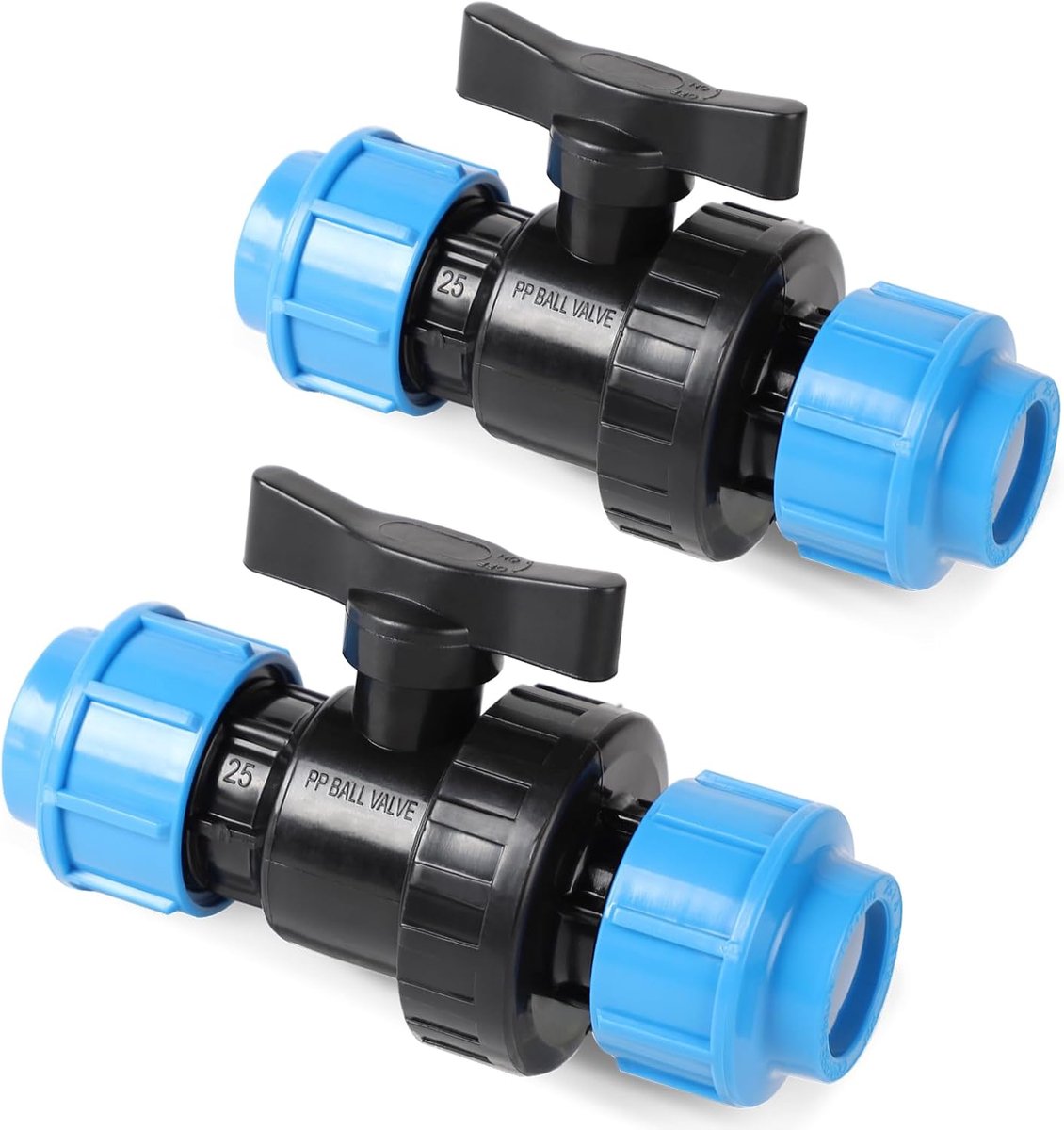 2 stuks kogelkraan voor PE-buis kunststof PP-fitting schroefverbinding aanvoerbuis connector afsluitventiel voor PE-buis PE buis, schroefverbinding, 25 mm