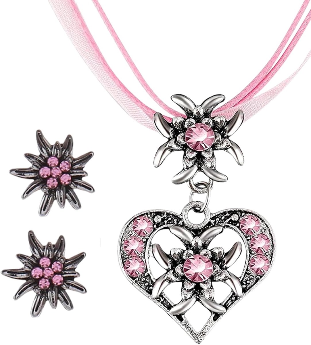 Klederdrachtsieraden voor dames, 3-delig met edelweiss-hangers en oorbellen, klederdrachtketting voor dirndl en Oktoberfest, sieraden, damesaccessoires