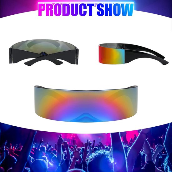 3 Pack Futuristische Bril Smalle Cyclops Zilver Zwart Kleurrijke Zonnebril Gespiegelde Lens Cool Fancy Dress Kostuum Funky Eyewear voor Mannen Vrouwen — afbeelding 5