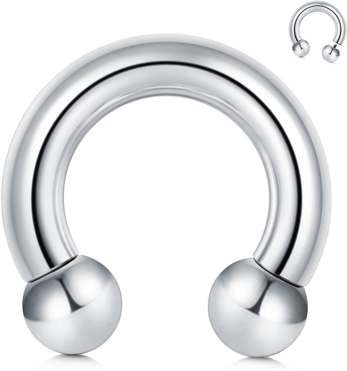 PA Ring met inwendige schroefdraad, cirkelvormige halters, hoefijzer, piercing lichaamssieraden 00G, 0G, 2G, 4G, 6G, 8G, 10G of 12G, van 12, 16 of 19 mm lengte, chirurgisch staal, zilverkleurig