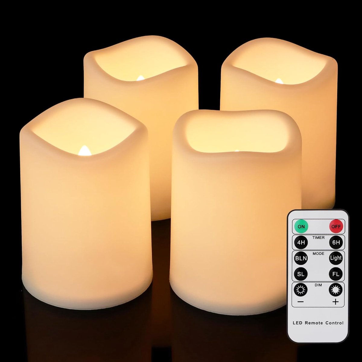 Set van 4 ledkaarsen met afstandsbediening en timer, batterij-aangedreven vlamloze pijlerkaarsen elektrisch flikkerend warm wit licht, kunststof, outdoor waterdicht, diameter 7,5 x 10 cm
