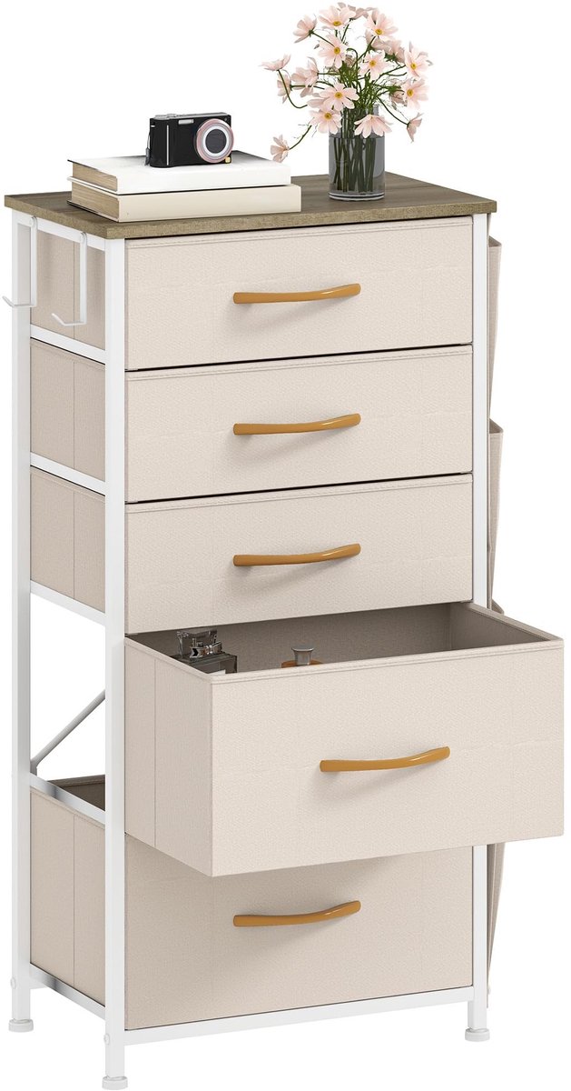Omgoods - Smalle Ladekast met 5 Lades en Zijzakken Beige