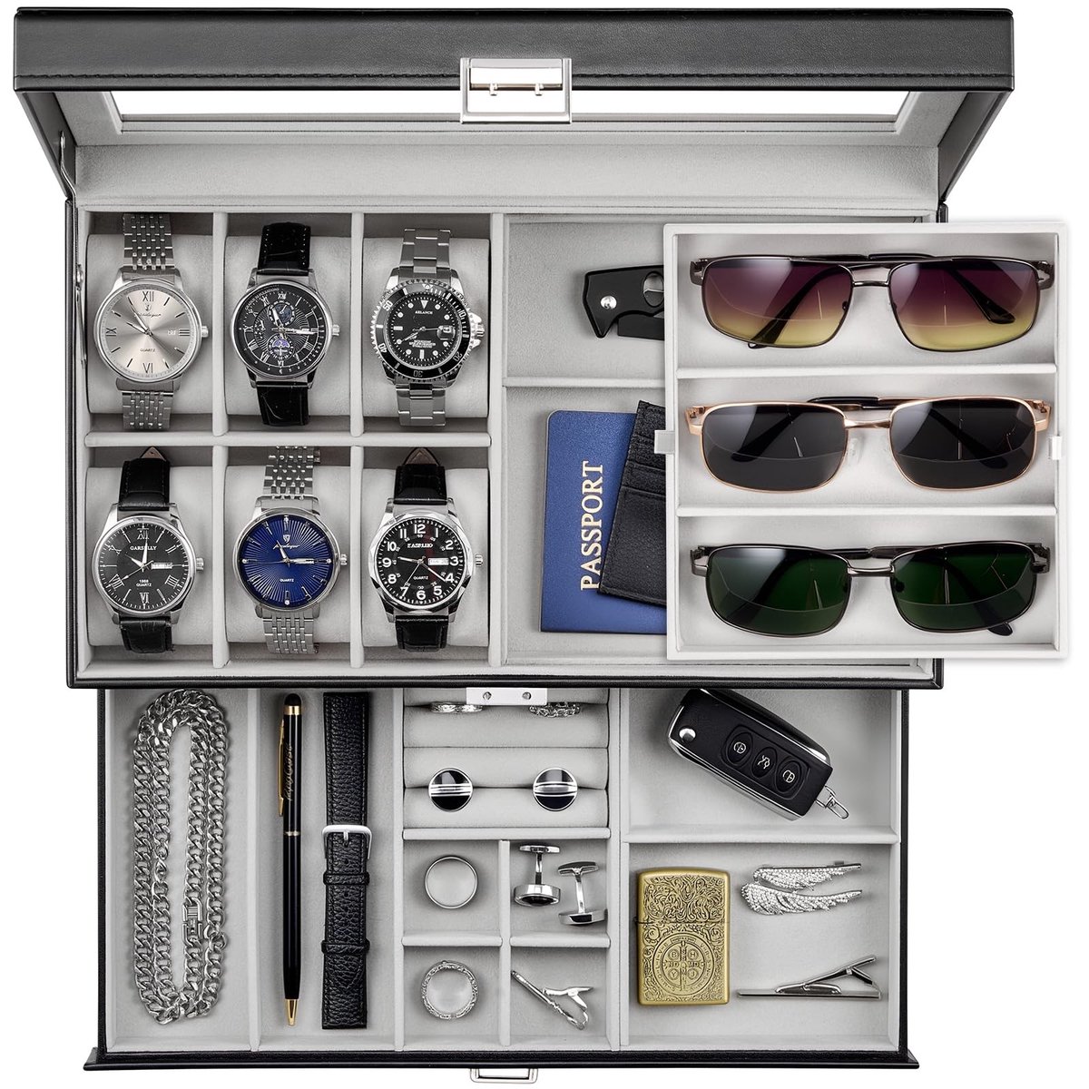 Omgoods - Heren Sieraden Box met 6 Uurwerk Slots en 3 Zonnebril Slots