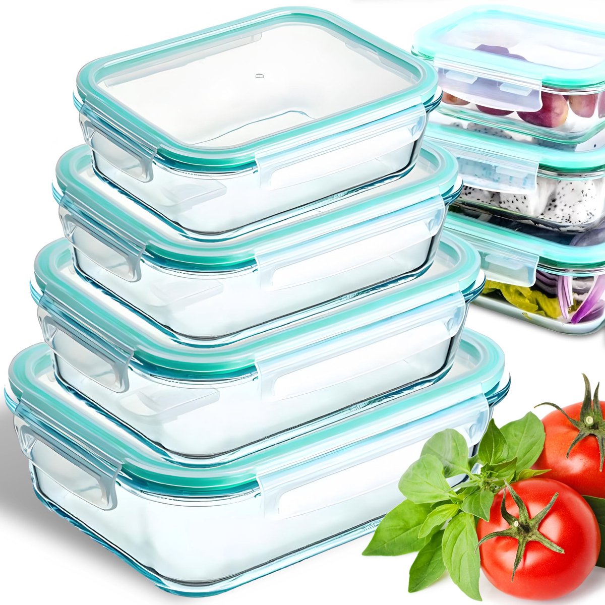 Omgoods- Opbergdozen Set van 4 - Glas - Met Deksel - Stapelbaar - Voedselopslag - Lekvrije Sluiting - Verlengde Houdbaarheid