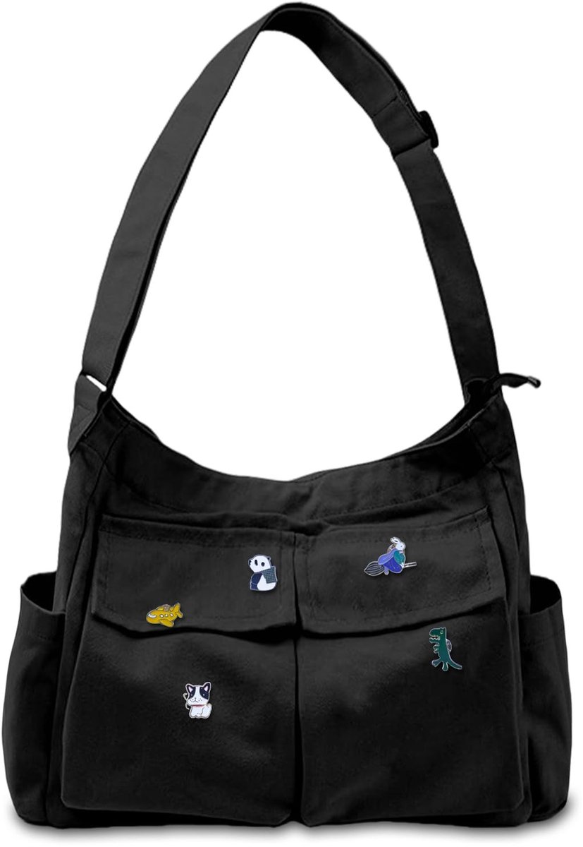 Omgoods - Canvas Schoudertas met Multi-Pockets voor Vrije Tijd