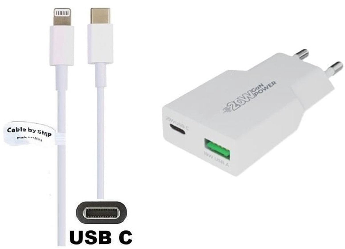 OneOne 20W snellader met 2 poorten en screenprotector van glas voor iPhone 12 + 1,2m USB C naar Lightning kabel. PD PPS lader. GaN oplader adapter. Glazen screenprotector past op Apple iPhone 12