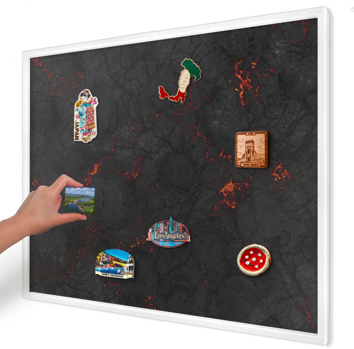 Artprintcave Zwart Magneetbord mit Witte Lijst - 80x60 cm - Vulkanische Lava Memobord Keuken - Abstract Wandbord Magnetisch - Natuur