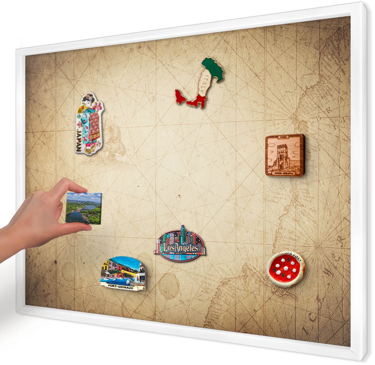 Artprintcave Beige Magneetbord mit Witte Lijst - 70x50 cm - Oude Kaart Magnetische Organizer - Vintage Notitiebord - Kaarten