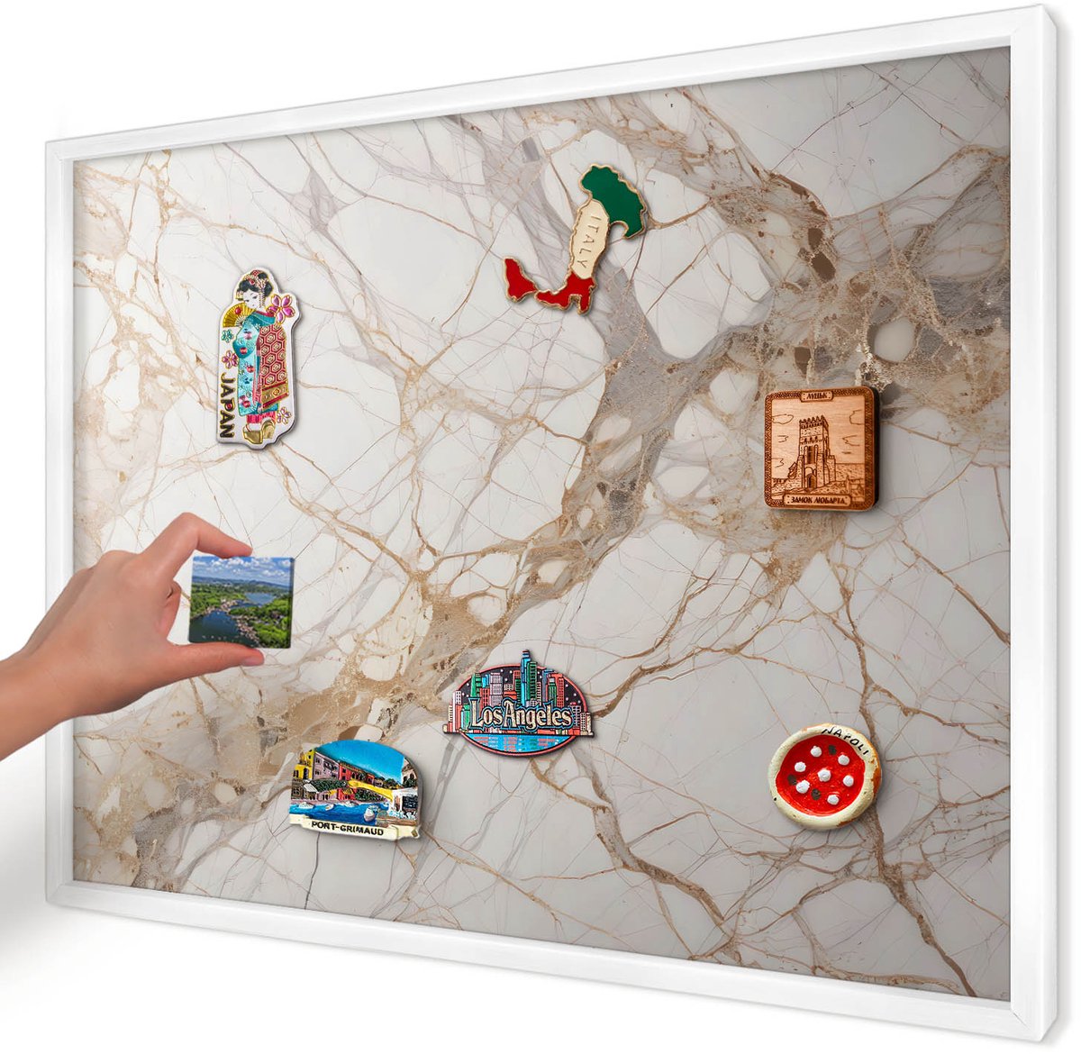 Artprintcave Wit Magneetbord mit Witte Lijst - 70x50 cm - Marmeren Elegantie Magneet Bord mit Frame - Minimalist Magneetbord Voor Keuken - Texturen