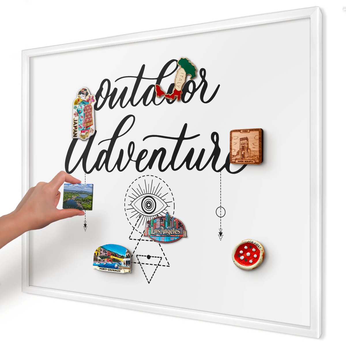 Artprintcave Wit Magneetbord mit Witte Lijst - 80x60 cm - Buitenavontuur Magneet Bord mit Frame - Typografisch Magnetische Organizer - Teksten
