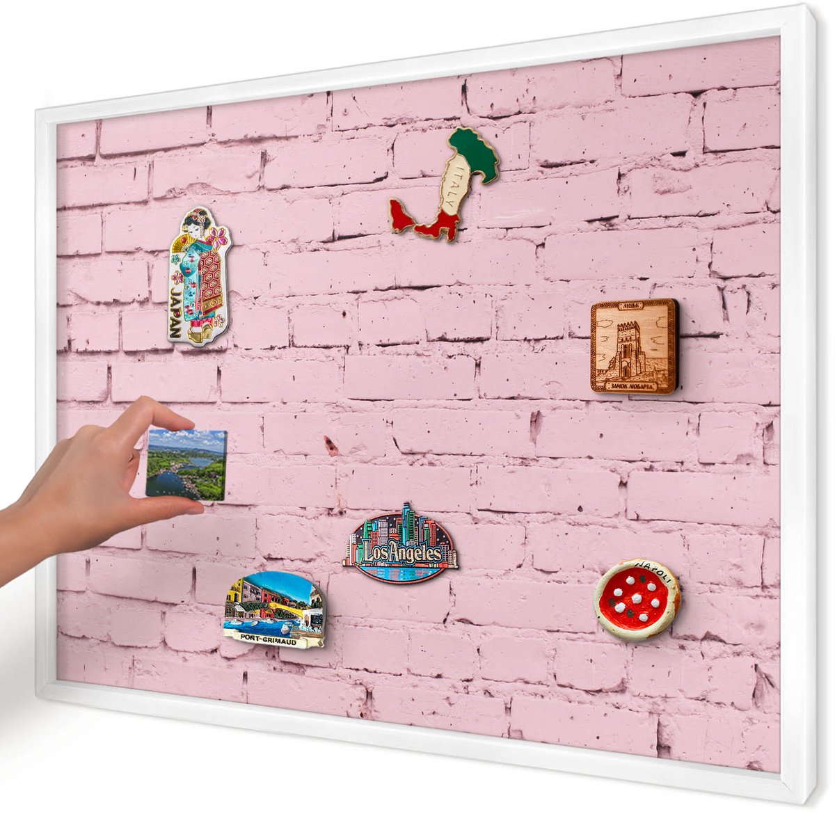 Artprintcave Roze Magneetbord mit Witte Lijst - 70x50 cm - Roze Baksteen Magneetbord Voor Foto's - Minimalist Magnetisch Bord - Texturen