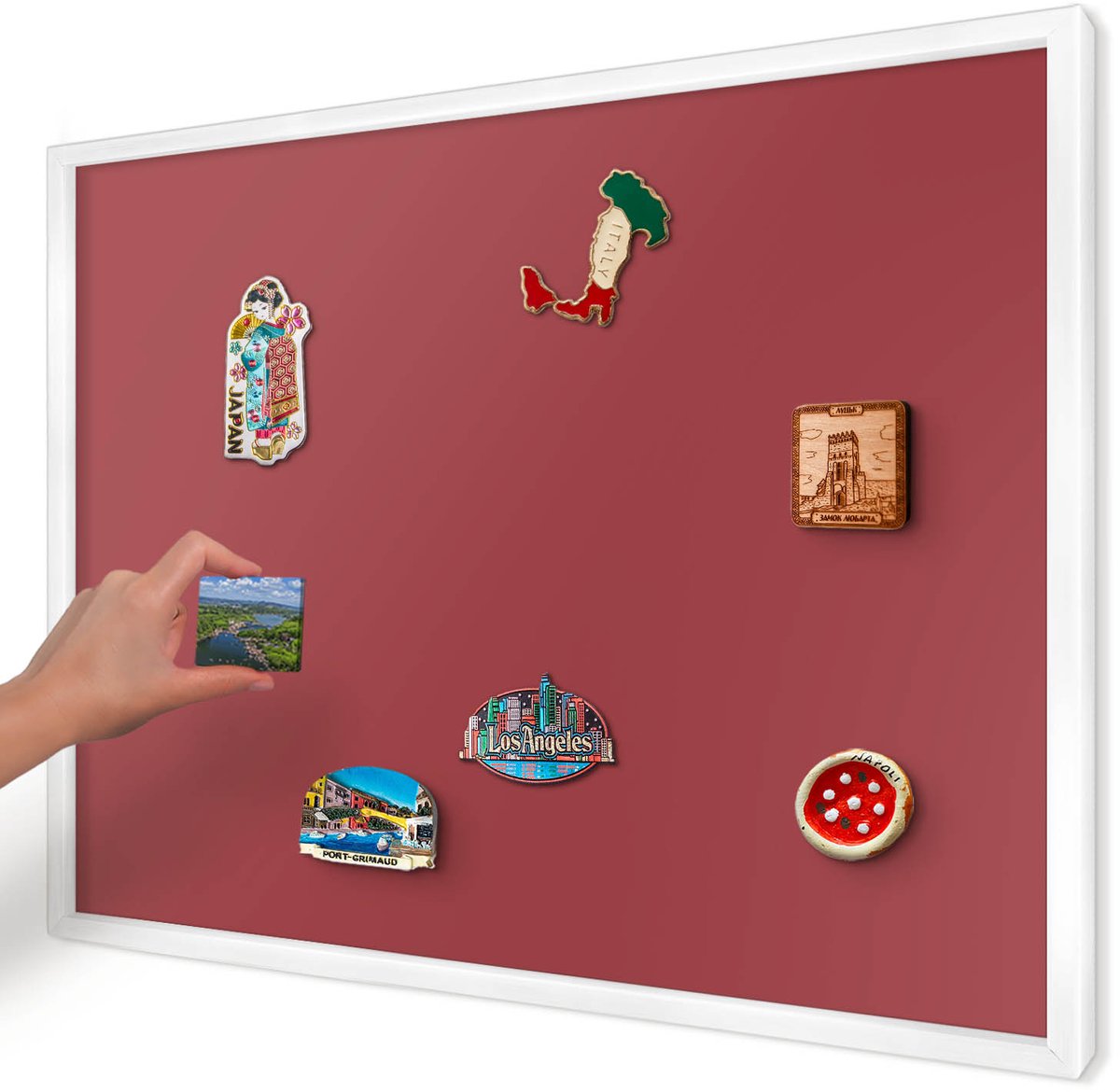 Artprintcave Bordeaux Magneetbord mit Witte Lijst - 70x50 cm - Bordeauxrode Kleur Magnetisch Bord Voor Magneten - Minimalist Notitiebord - Achtergronden En Patronen