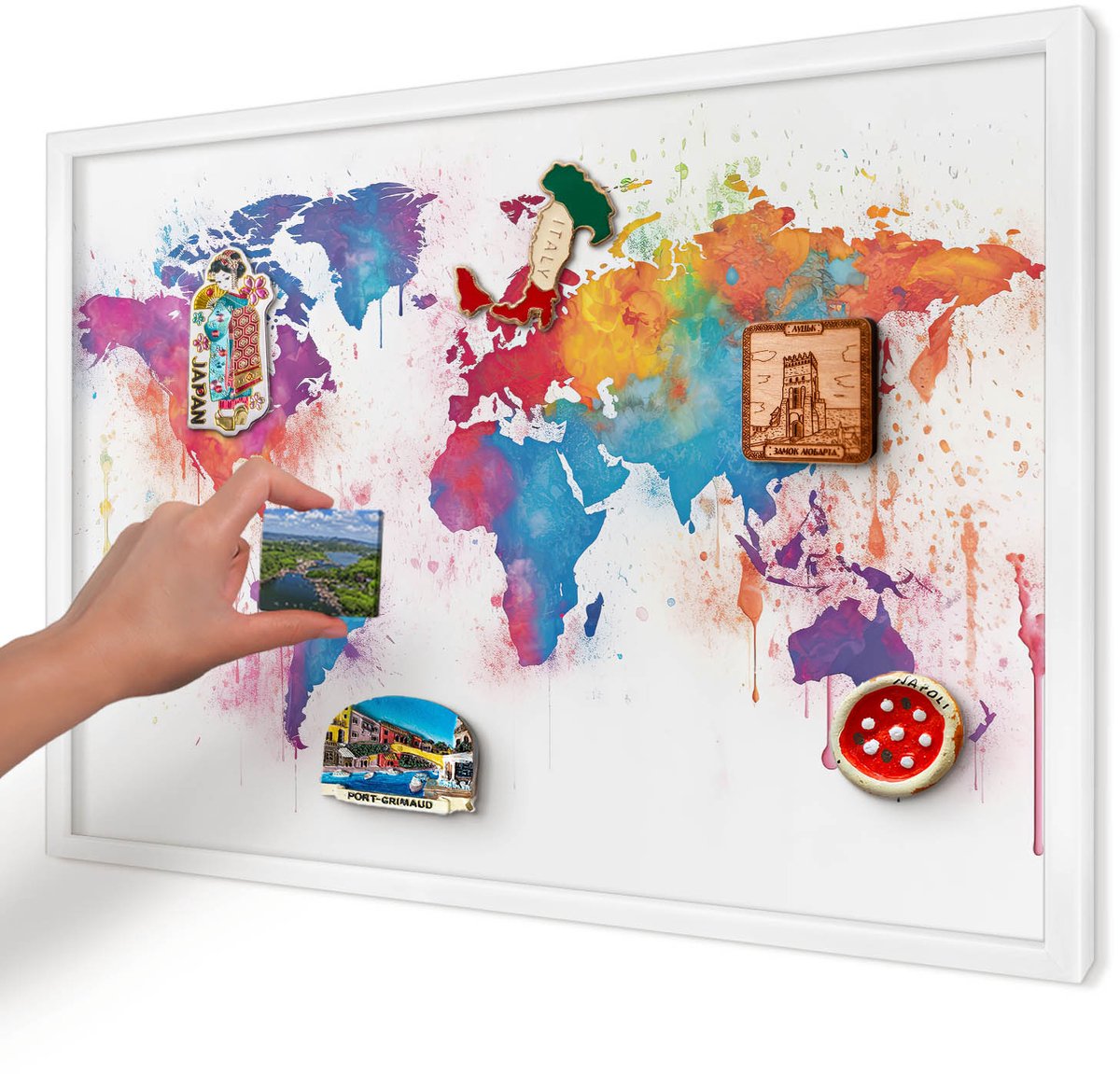 Artprintcave Blauw Magneetbord mit Witte Lijst - 60x40 cm - Kleurenkaart Wandbord Magnetisch - Waterverf Magnetisch Bord - Kaarten