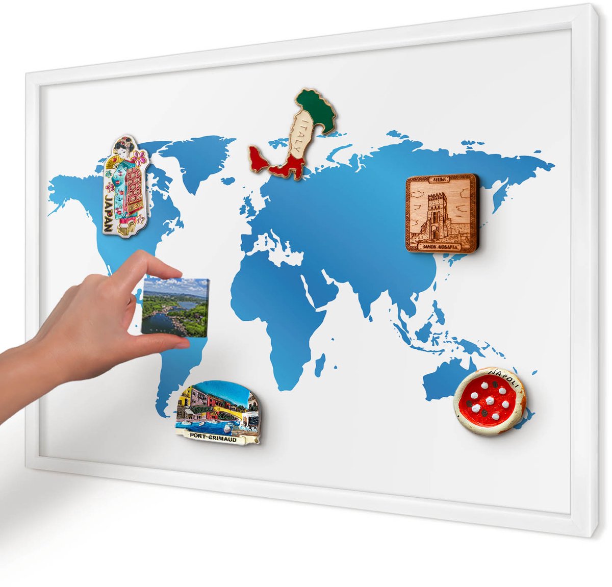 Artprintcave Blauw Magneetbord mit Witte Lijst - 60x40 cm - Wereldkaart Magnetisch Bord - Modern Bord Voor Magneten - Kaarten