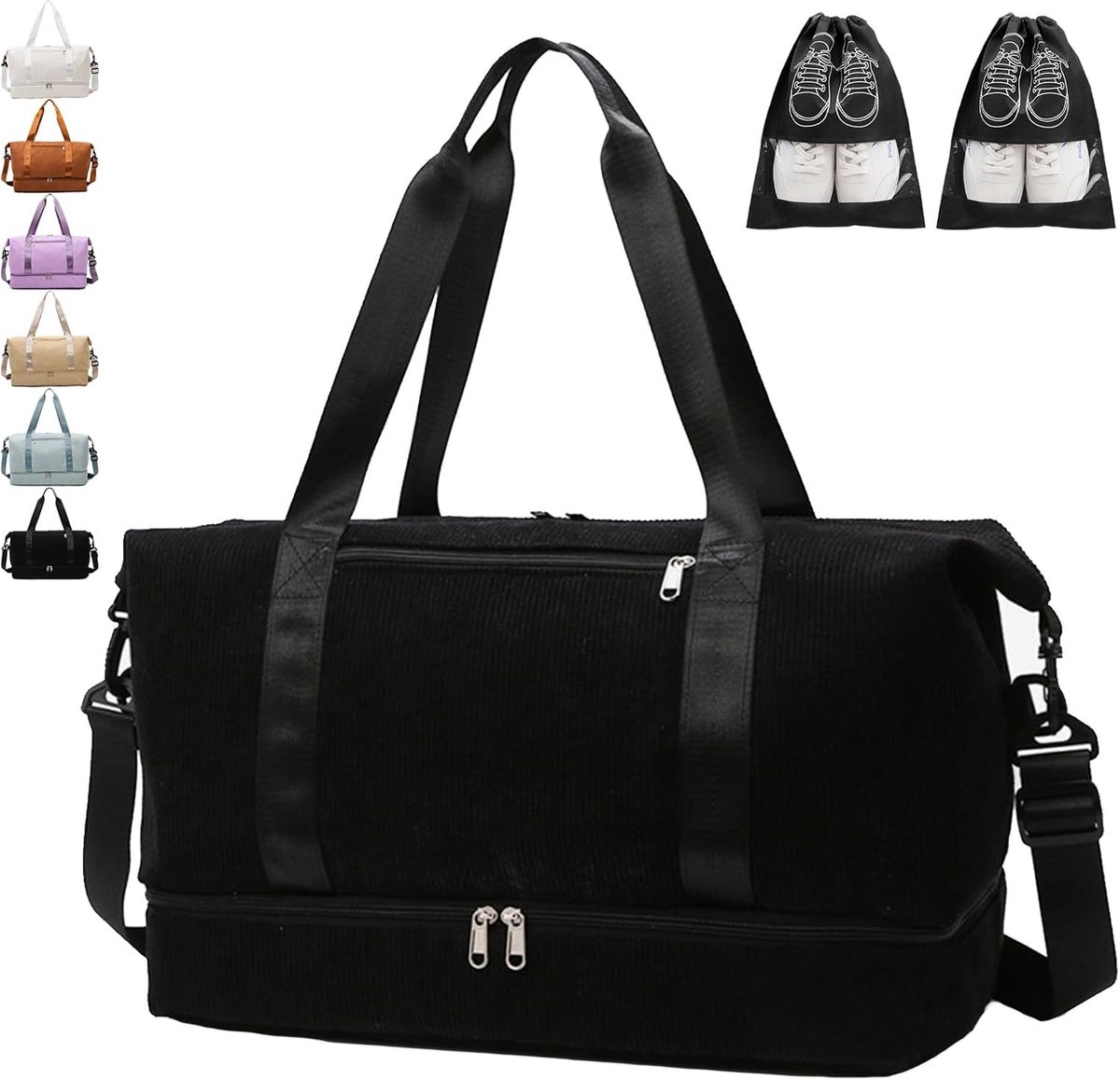 Sporttas 20-35 liter - Zwart corduroy - Met schoenen- en natcompartiment - Ideaal voor fitness - SnelShoppen
