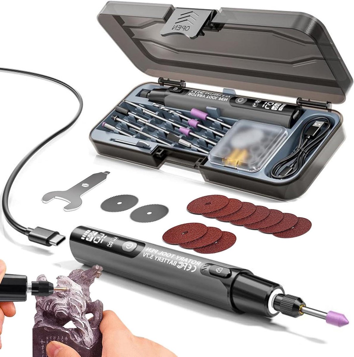 Draadloze Roterende Tool - Boorpen Graveerset - Hobbyknutselen Modelbouw - 6 Snelheden Verlichting - Pen 16 cm - Grijs