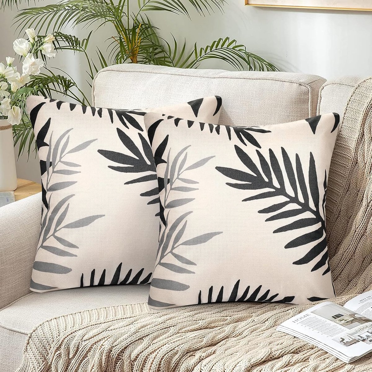 Kussenhoes, Zwarte Kussenhoes, 45 x 45 cm, Set van 2 Polyester Kussenhoezen, Zwart Grijs Bladeren Patroon - ShopVlot