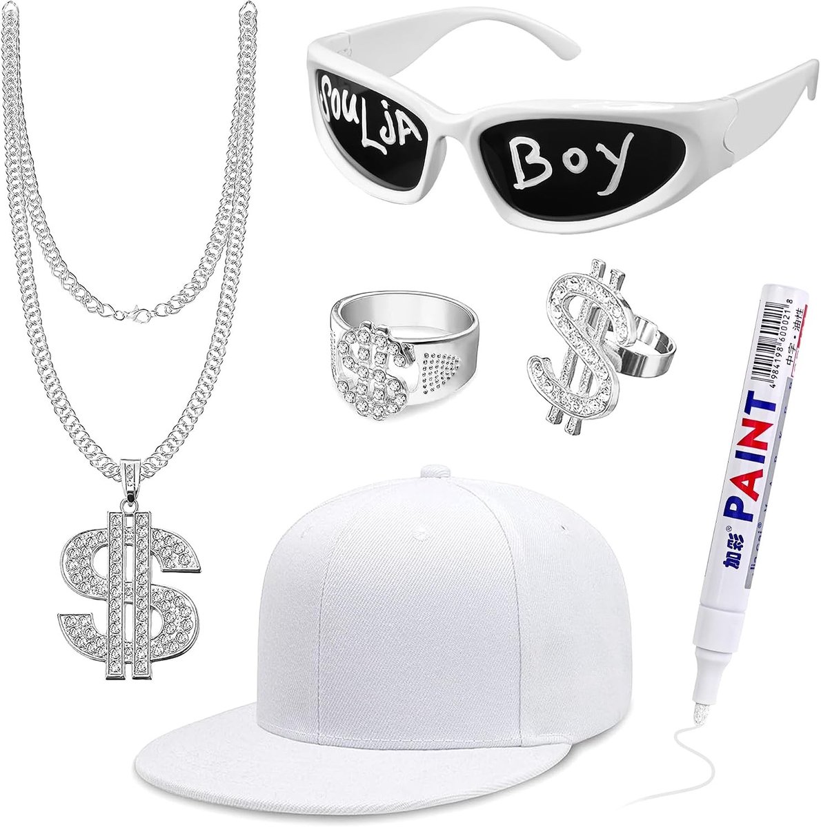 Hip Hop Kostuum Set met Accessoires voor Rapper, Inclusief Zonnebril, Dollar Ketting en Witte Pet voor 80s, 90s en 2000s Themafeesten