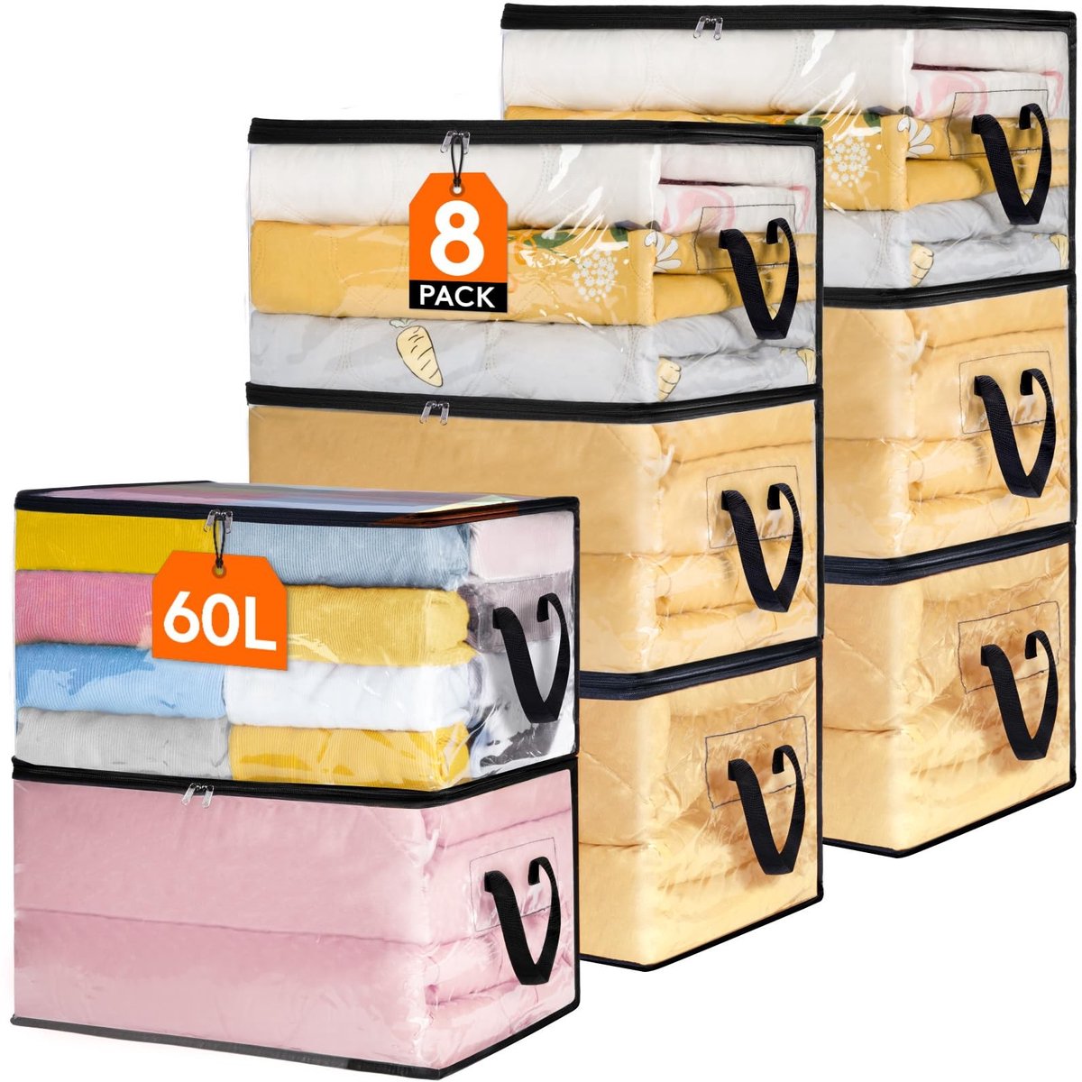Omgoods - Set van 8 Transparante Opbergzakken 60L