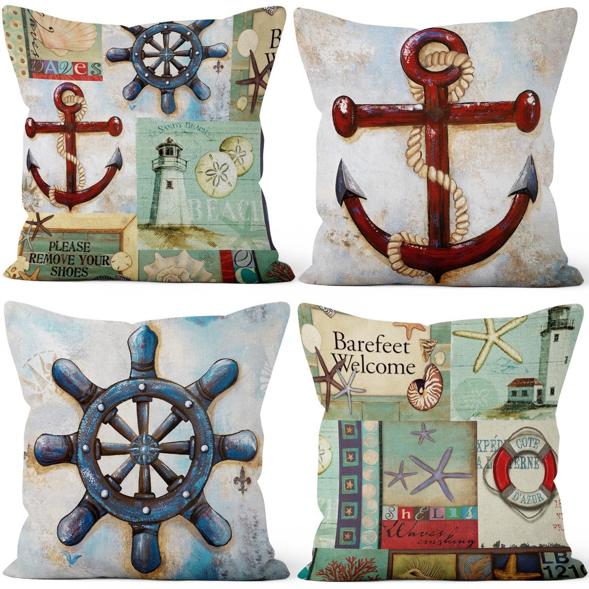 Omgoods - Set van 4 Retro Nautische Kussenhoezen - Maritieme Decoratie voor de Woonkamer