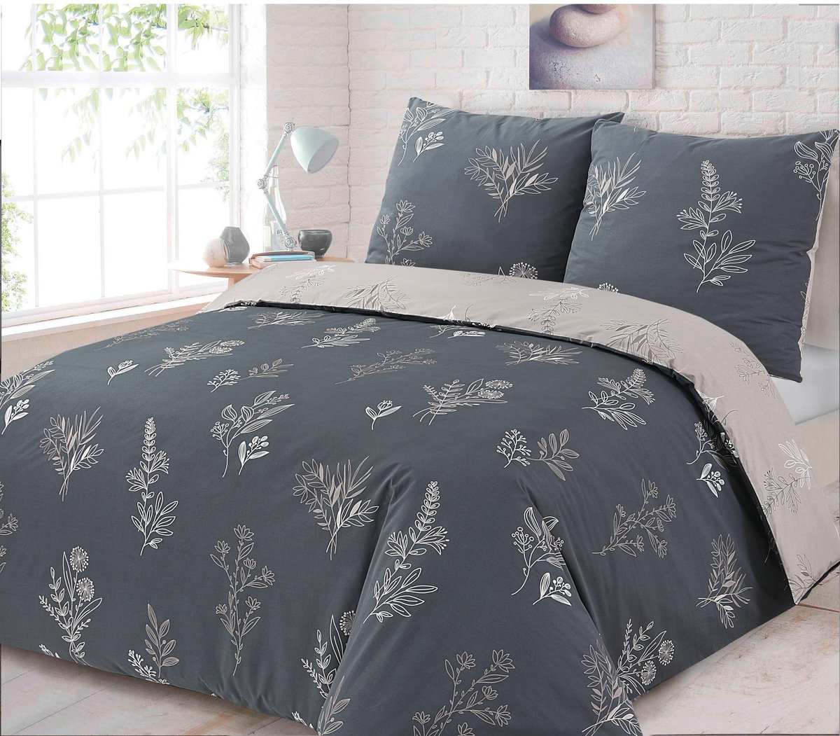 Omgoods - Vision Reversible Bedding 100% Katoen - Helena Beige/Grey Duvet Set