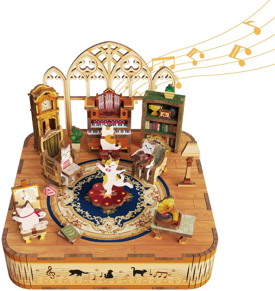 Omgoods - Houten Muziekdoos 3D Puzzel Kattenfamilie DIY Modelbouwset