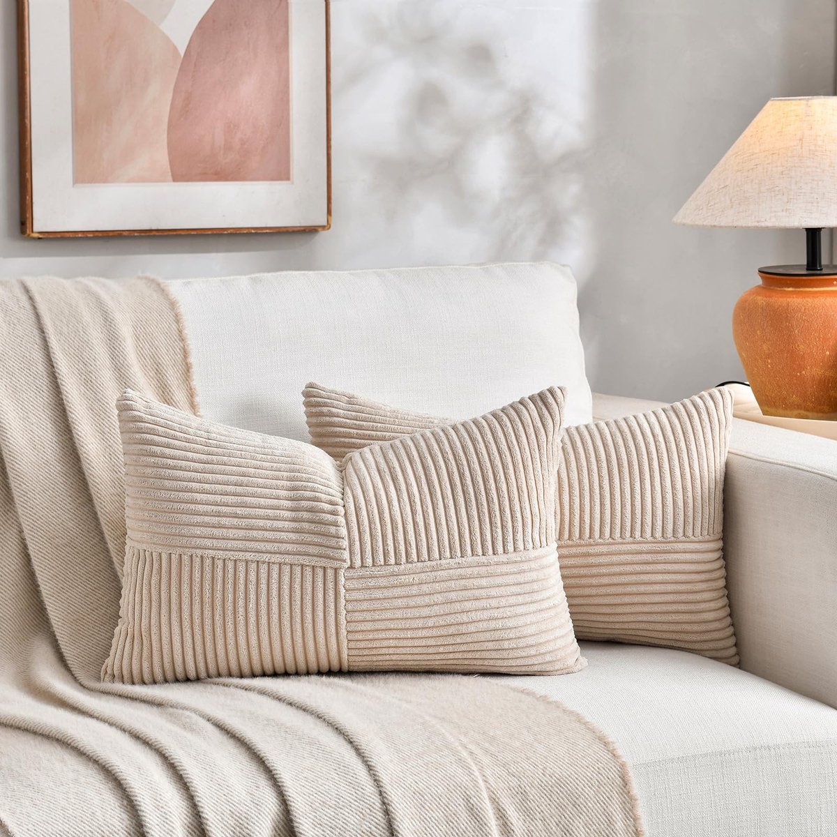 Omgoods - Set van 2 Boho Kussenhoezen 30 x 60 cm - Beige Corduroy Kussenhoezen met Kruispatroon voor Sofa en Bed