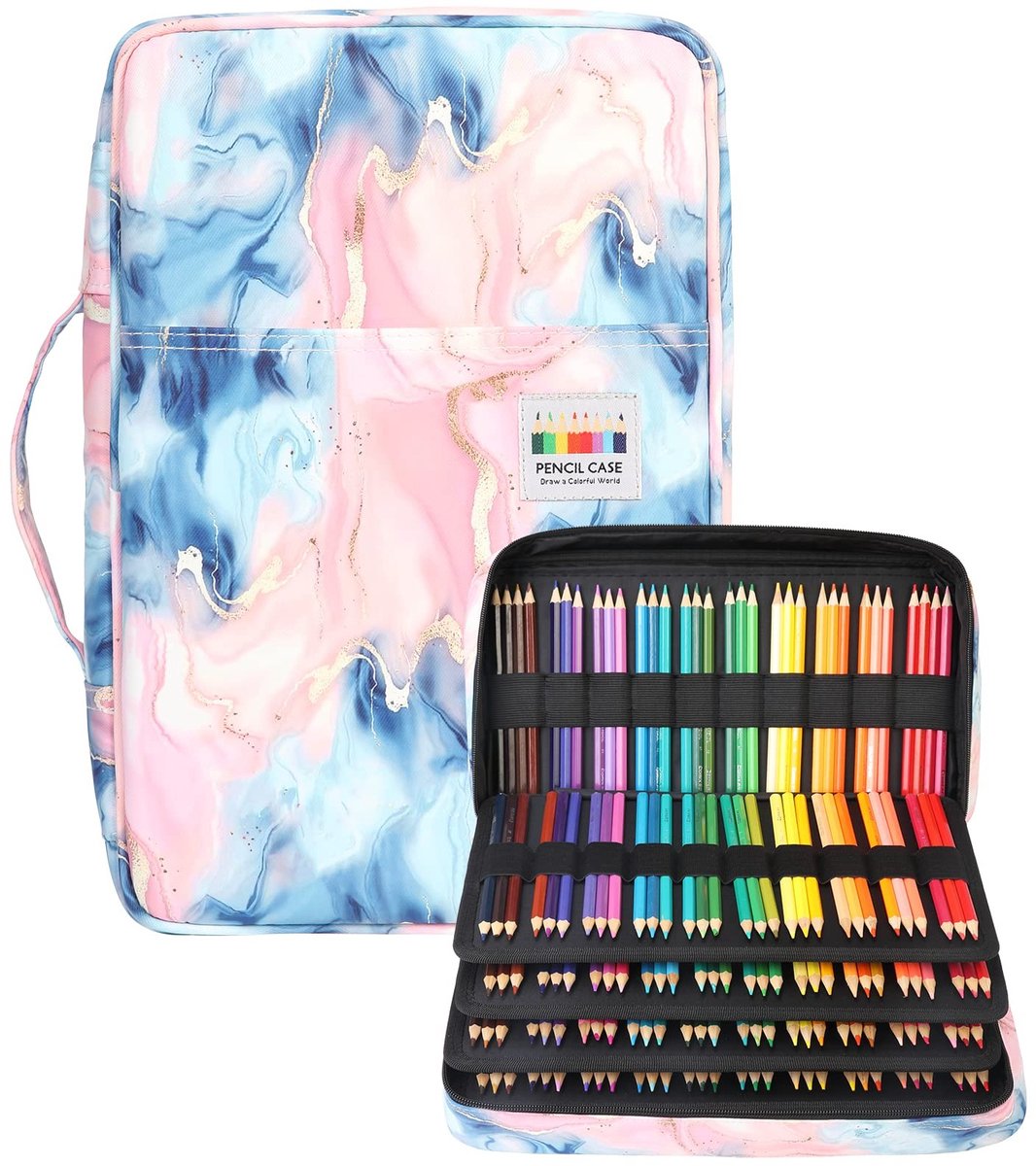 Omgoods- Potloodetui grote capaciteit - Waterdichte Pennenzak - Opberger Schrijfwaren - 304 Kleurpotloden - Duurzaam Oxford-Polyester - Elastische Riempjes - Etui