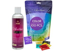 VIBRATISSIMO Color condooms 53mm 100-pack & glijmiddelset | gevoelsecht & extra vochtig | for Men | in hersluitbaar zakje | Gekleurd in rood, Zwart, Groen, Geel, Goud