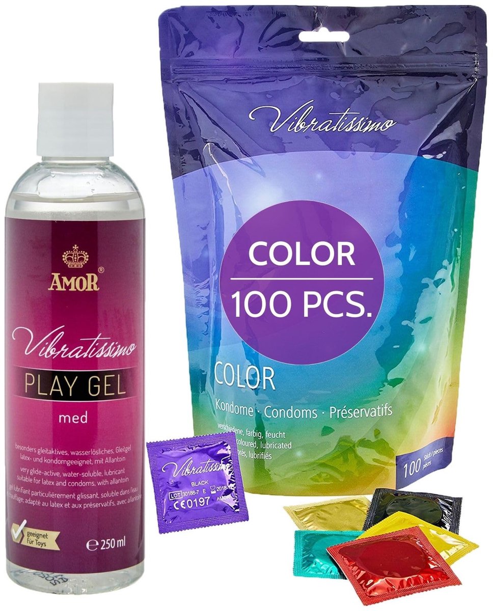 VIBRATISSIMO Color Condooms 53mm 100-pack & glijgel Set | gevoelsecht & extra vochtig | voor mannen | in het hersluitbaaren Beutel | gekleurde in rot, schwarz, grün, gelb, gold