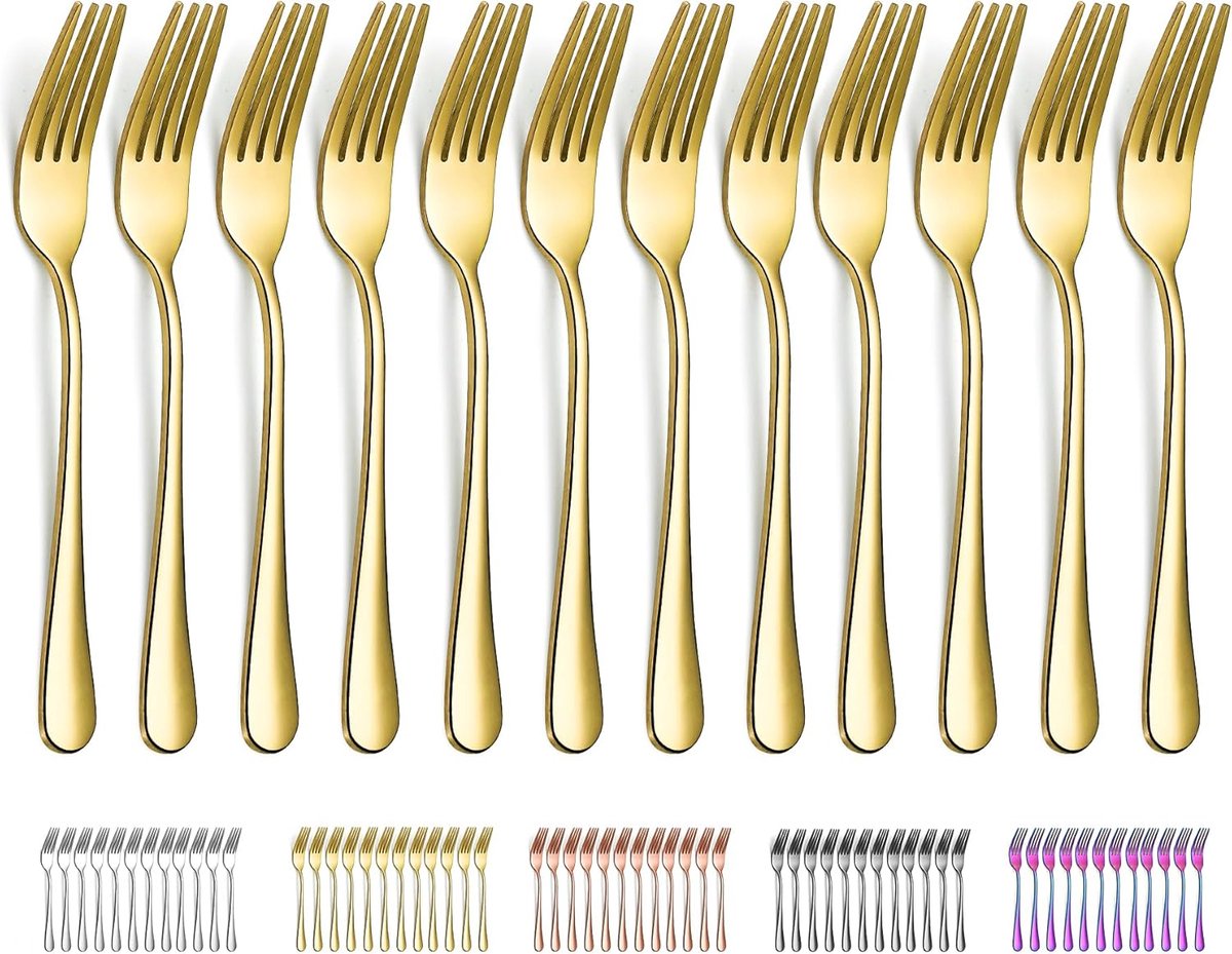 Set van 12 Gouden Tafelvorken van Roestvrij Staal, Ideaal voor Taart, Dessert en Diner, Vaatwasserbestendig en Makkelijk Schoon te Maken