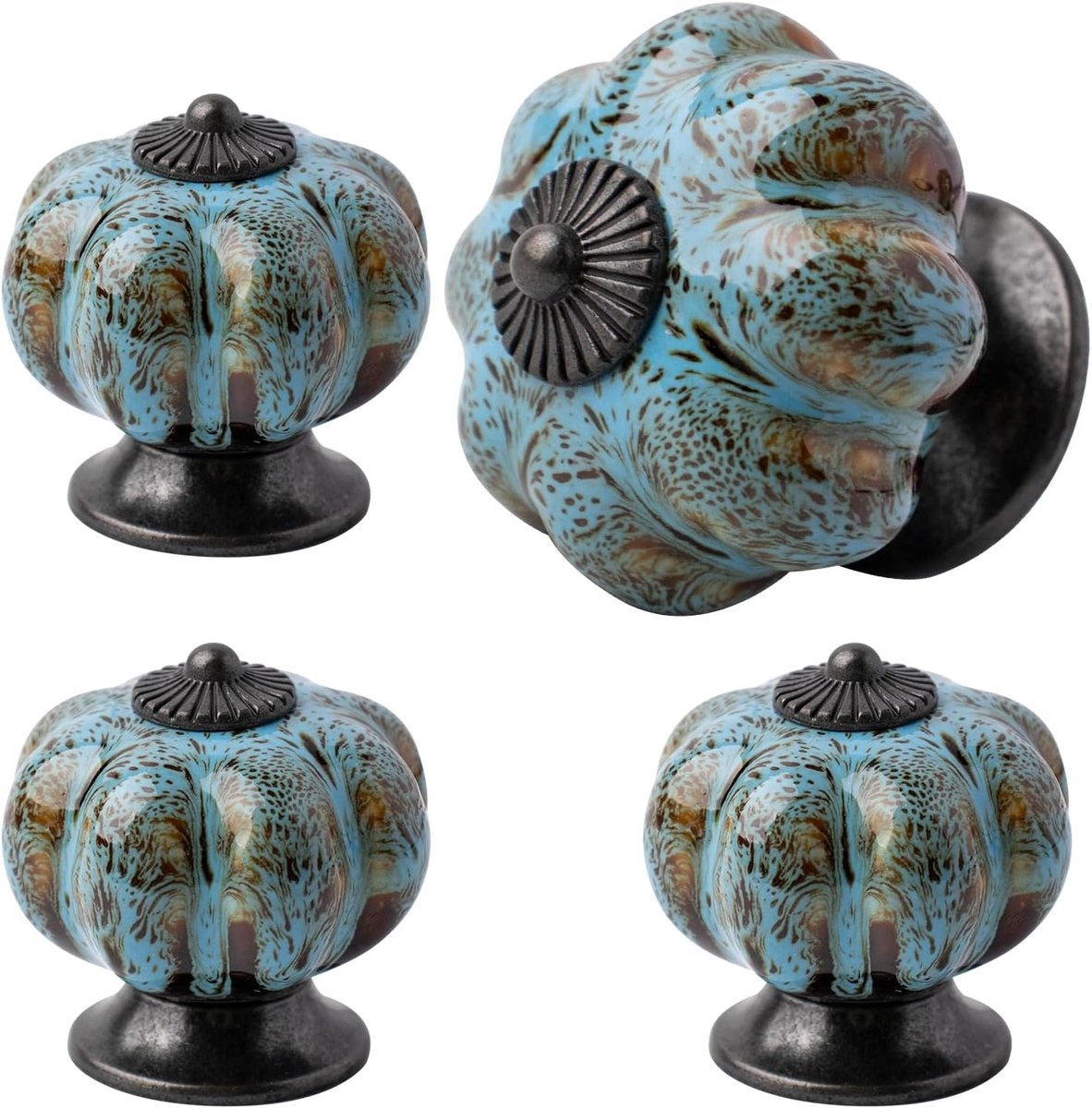 SnelShoppen - 4 Deurgrepen, Glazuur Keramiek, Pompoen Vorm, Vintage Ladeknoppen, Blauw, Ideaal voor Keuken en Meubels